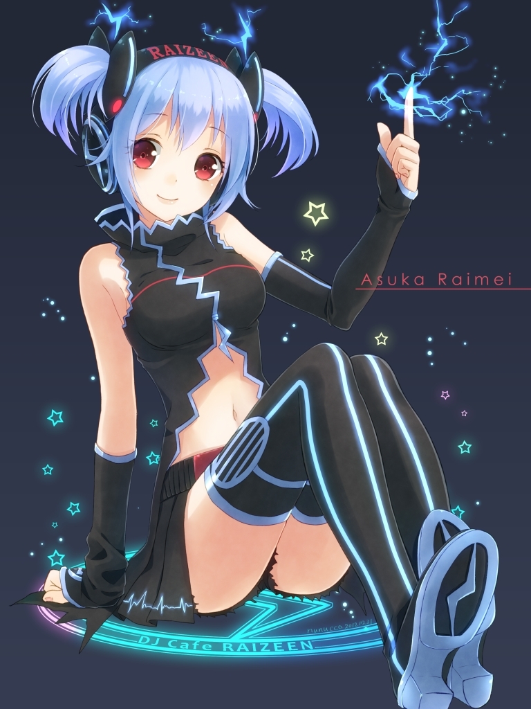 bad_id bad_pixiv_id black_legwear blue_hair boots detached_sleeves hair_ornament headphones midriff navel nunucco original overskirt red_eyes shirt shorts shorts_under_skirt sitting skirt smile solo sparks star thigh_boots thighhighs twintails