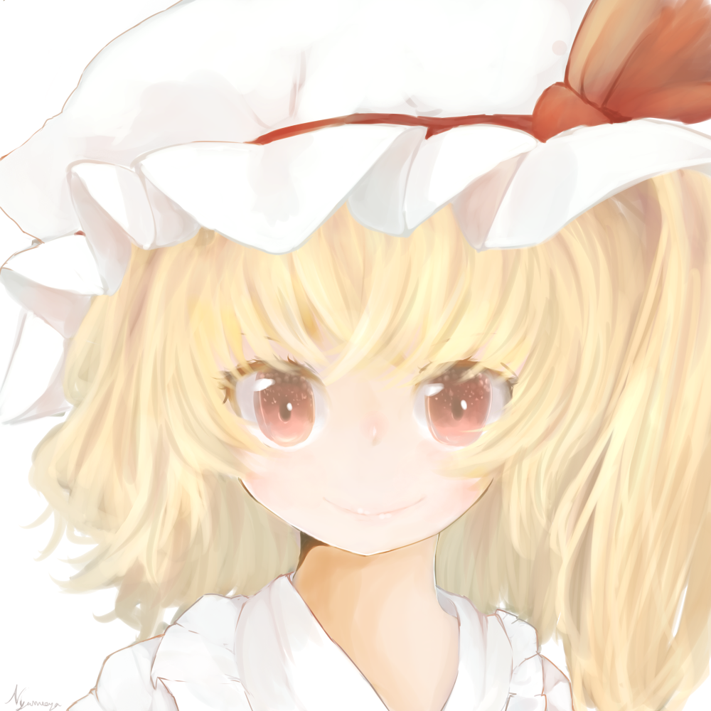 bad_id bad_pixiv_id blonde_hair close-up closed_mouth face flandre_scarlet hat hat_ribbon nyamoya portrait red_eyes ribbon short_hair side_ponytail signature simple_background smile solo touhou white_background