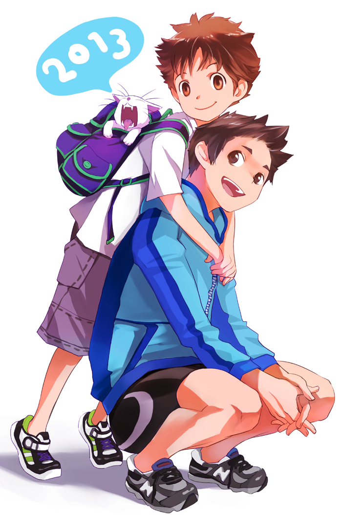 2boys backpack bag brown_eyes brown_hair cat fangs genda hug hug_from_behind jacket male_focus multiple_boys new_year open_mouth original shoes shorts smile sneakers speech_bubble white_background