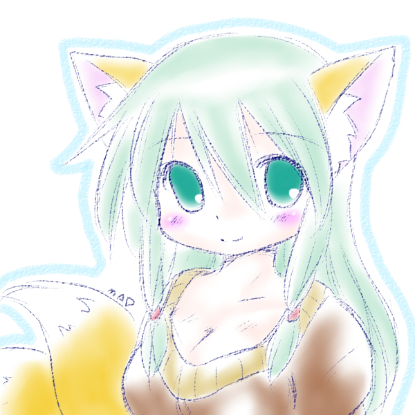 animal_ears blush borrowed_character breasts cleavage fox_ears fox_tail green_eyes green_hair long_hair mad_(kusakabe) medium_breasts multiple_tails original shiina_isana simple_background smile solo tail white_background
