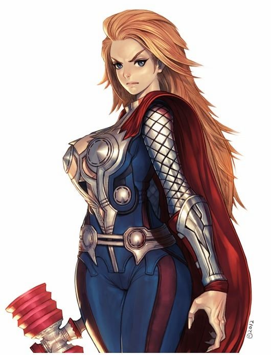 1girl armor blonde_hair genderswap long_hair marvel scale_armor solo thor thor_(marvel) weapon