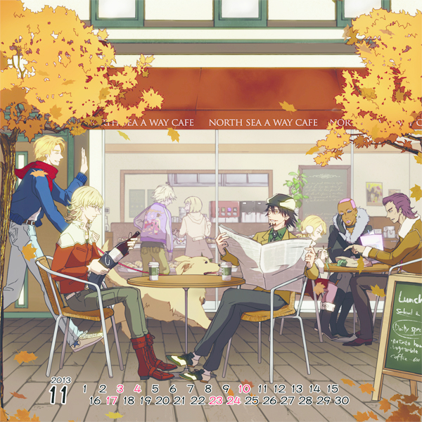 2girls 6+boys antonio_lopez autumn autumn_leaves barnaby_brooks_jr bottle cabbie_hat cafe dog hat huang_baoling ivan_karelin john_(tiger_&amp;_bunny) kaburagi_t_kotetsu karina_lyle keith_goodman menu_board multiple_boys multiple_girls nathan_seymour newspaper pavement reading scar scenery tasogareonmyou tiger_&amp;_bunny tree