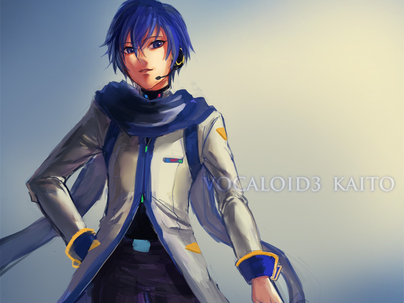 bad_id bad_pixiv_id blue_eyes blue_hair blue_scarf headset kaito kaito_(vocaloid3) male_focus scarf solo vocaloid yamakawa_umi