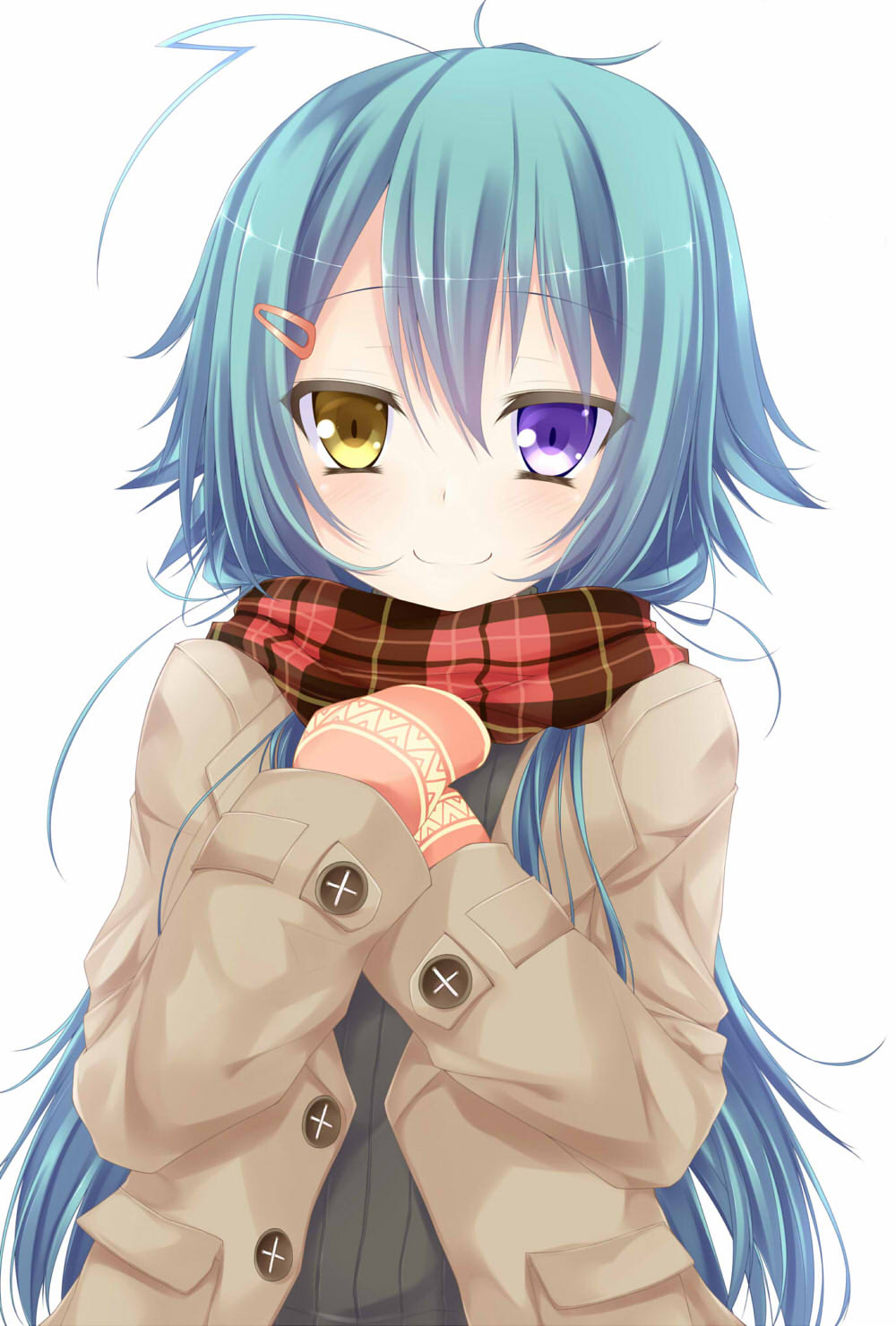 ahoge aqua_hair bangs buttons coat eyebrows_visible_through_hair hair_between_eyes hair_ornament hairclip hands_on_own_chest heterochromia highres long_hair long_sleeves looking_at_viewer mittens original plaid plaid_scarf pocket purple_eyes rebecca_arcane scarf simple_background smile solo suterii sweater upper_body very_long_hair white_background yellow_eyes