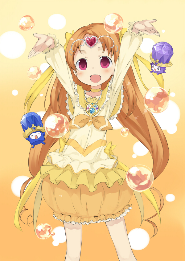 &gt;_&lt; :d :o arms_up blush blush_stickers bow brooch bubble bubble_skirt capelet child chiroru_(7450n) choker circlet closed_eyes cure_muse_(yellow) dodory drill_hair fairy_tone flat_chest flying frills gem gradient gradient_background hair_bow hair_ribbon hands heart jewelry light_particles long_hair looking_at_viewer magical_girl open_mouth orange_background orange_hair orange_skirt pink_eyes precure ribbon shirabe_ako sidelocks size_difference skirt smile standing suite_precure tiara tiry twin_drills twintails very_long_hair xd yellow_bow yellow_choker
