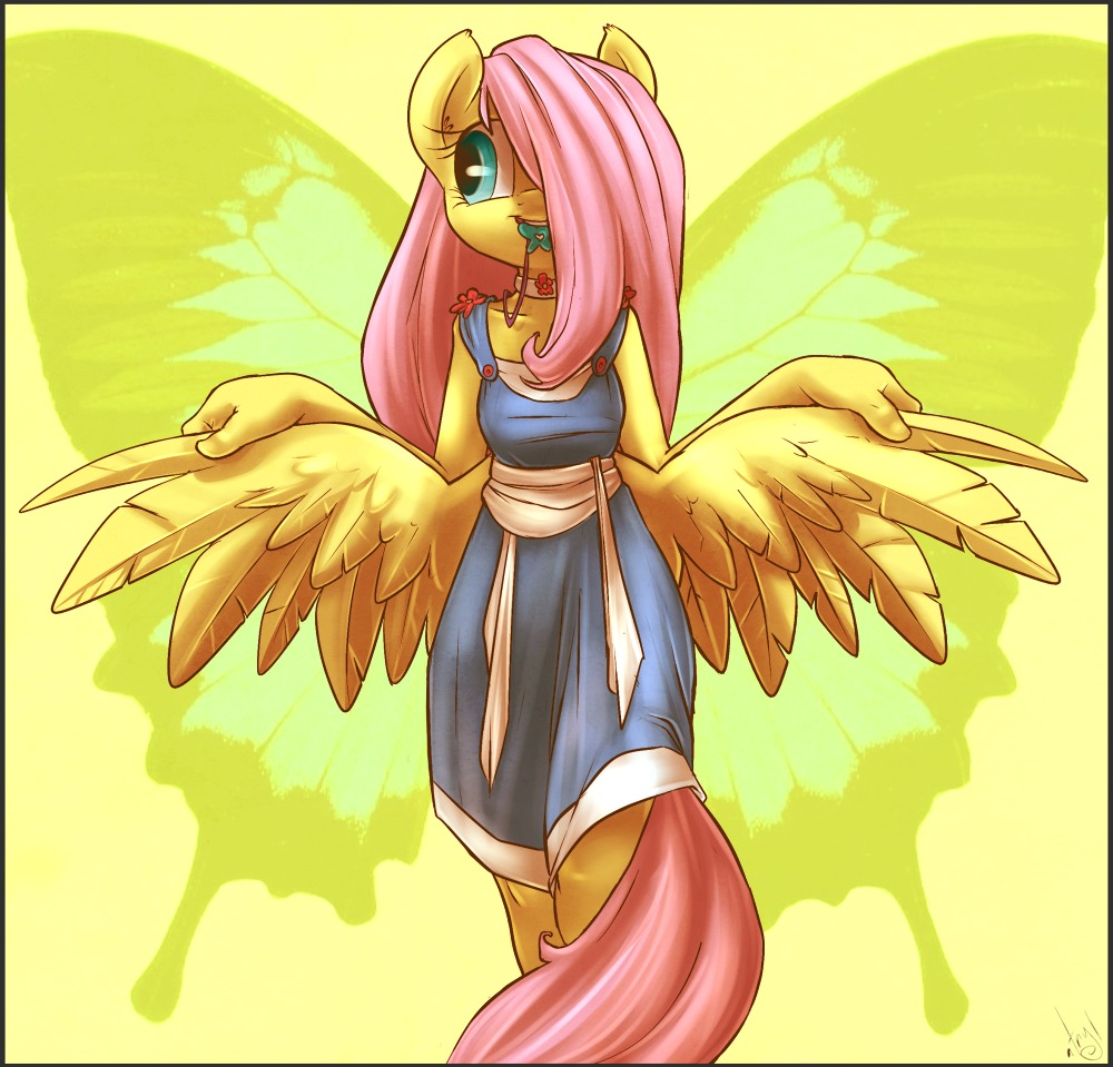 anthrofied arthropod atryl butterfly cloth clothing equine female fluttershy_(mlp) friendship_is_magic fur hair horse insect long_hair mammal my_little_pony pegasus pink_hair pony solo wings yellow_fur