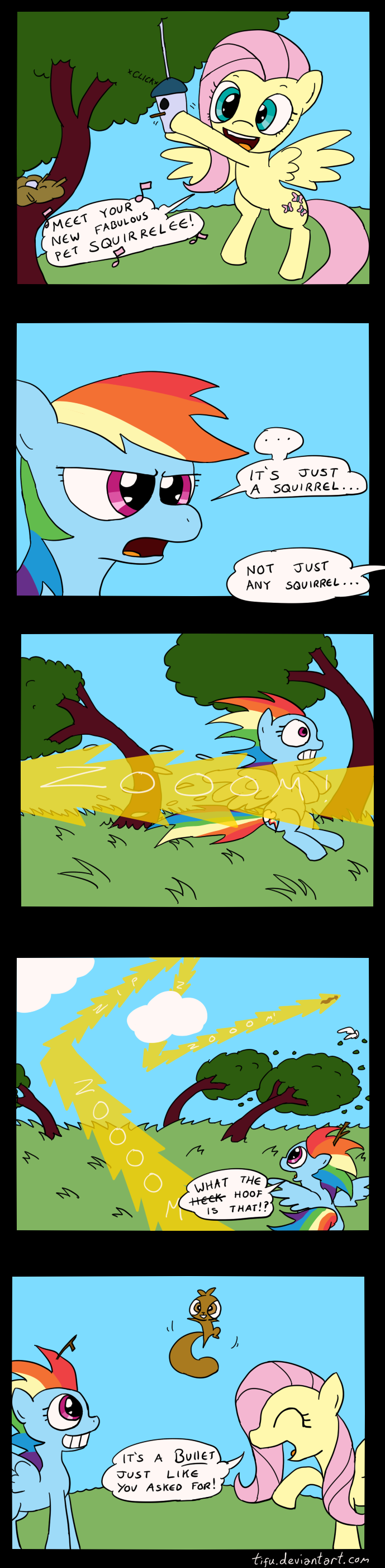 blue_eyes blue_fur brown_eyes brown_fur bullet_(powerpuff_girls) comic cutie_mark dialog dialogue english_text equine female feral fluttershy_(mlp) flying friendship_is_magic fur hair horse mammal multi-colored_hair my_little_pony outside pegasus pink_hair pony powerpuff_girls purple_eyes rainbow_dash_(mlp) rainbow_hair rodent sky squirrel text tifu tree wings wood yellow_fur