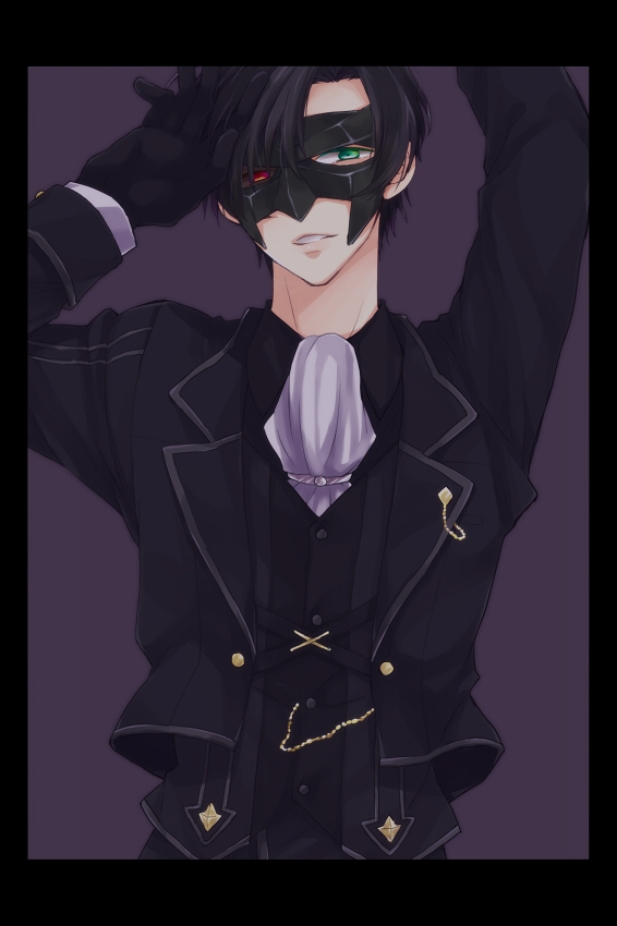 arms_up bad_id bad_pixiv_id black_hair black_sclera colored_eyelashes cravat formal gloves green_eyes heterochromia male_focus mask mismatched_sclera okmr purple_background red_eyes smile solo suit tales_of_(series) tales_of_xillia tales_of_xillia_2 victor_(tales)