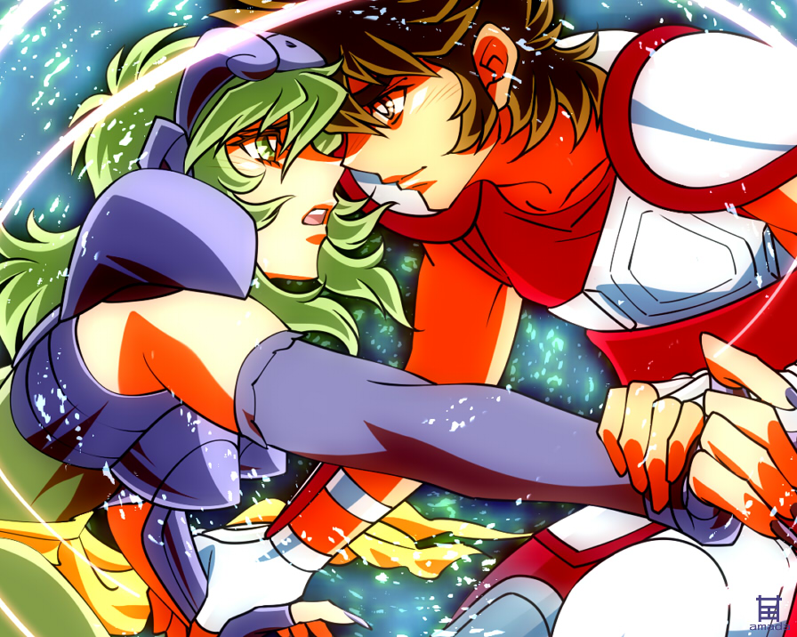 1girl :o amada armor brown_eyes brown_hair closed_mouth couple eye_contact from_side green_eyes green_hair hetero looking_at_another nail_polish open_mouth ophiuchus_shaina pegasus_seiya profile saint_seiya smirk surprised upper_body