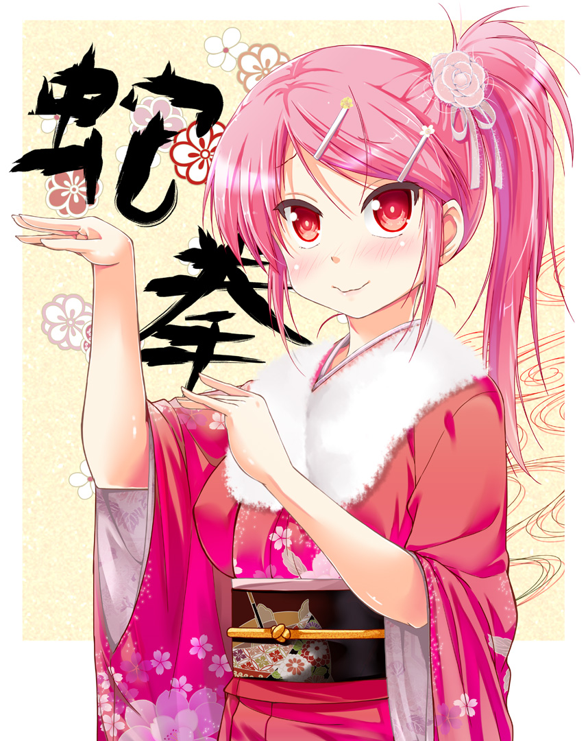 blush hair_ornament hairclip japanese_clothes kamishima_mihori kimono new_year obi original pink_hair ponytail porurin red_eyes sash shiori_series solo upper_body wavy_mouth