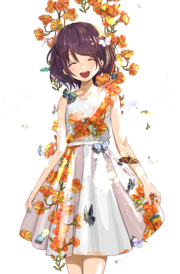 1girl :d ^_^ arms_at_sides bare_arms bare_shoulders belt brown_hair bug butterfly closed_eyes cowboy_shot dress eyebrows_visible_through_hair eyes_closed floral_print flower insect leaf open_mouth original red_flower short_hair simple_background sleeveless sleeveless_dress smile solo trumpet_creeper upper_body upper_teeth white_background white_dress yoruhachi