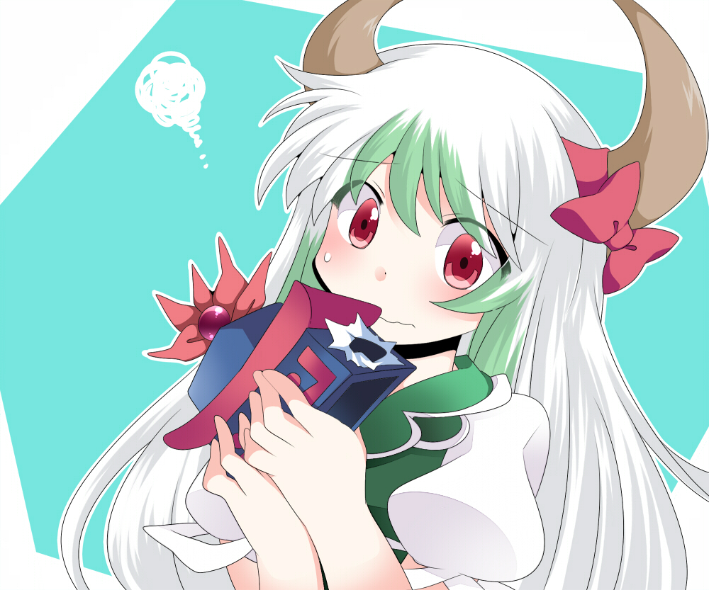 bad_id bad_pixiv_id blush bow ex-keine green_hair hammer_(sunset_beach) hat hat_removed headwear_removed hole horns kamishirasawa_keine long_hair multicolored_hair puffy_sleeves red_eyes short_sleeves silver_hair solo sweatdrop touhou two-tone_hair