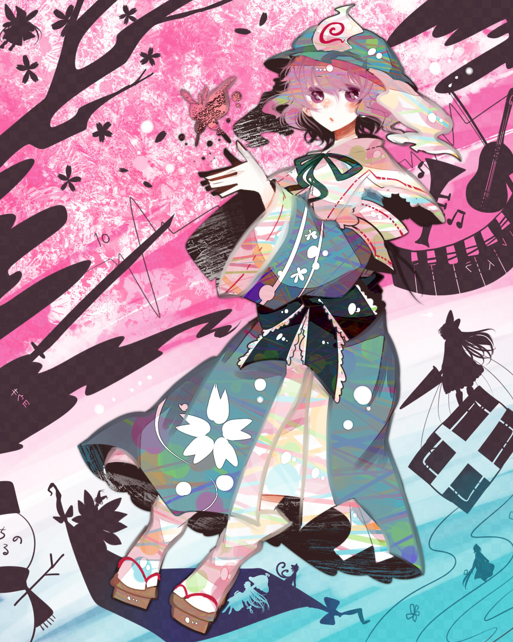 alice_margatroid book bow bug butterfly cat_tail chen cherry_blossoms fox_tail gap geta hair_bow hair_ornament hat highres insect instrument itomugi-kun japanese_clothes keyboard_(instrument) kimono konpaku_youmu lance lily_white long_hair long_sleeves looking_at_viewer multiple_tails obi open_mouth perfect_cherry_blossom petals pink_eyes pink_hair polearm ribbon saigyouji_yuyuko sash scarf shanghai_doll short_hair silhouette snowman socks solo standing sword tail touhou triangular_headpiece trumpet violin weapon wide_sleeves yakumo_ran yakumo_yukari zouri