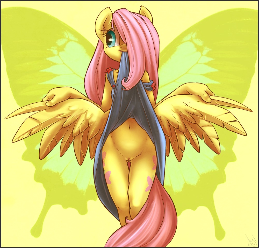 anthrofied arthropod atryl butterfly cloth clothing cutie_mark dress dress_lift equine female fluttershy_(mlp) friendship_is_magic fur hair horse insect long_hair mammal my_little_pony pegasus pink_hair pony presenting pussy solo standing wings yellow_fur