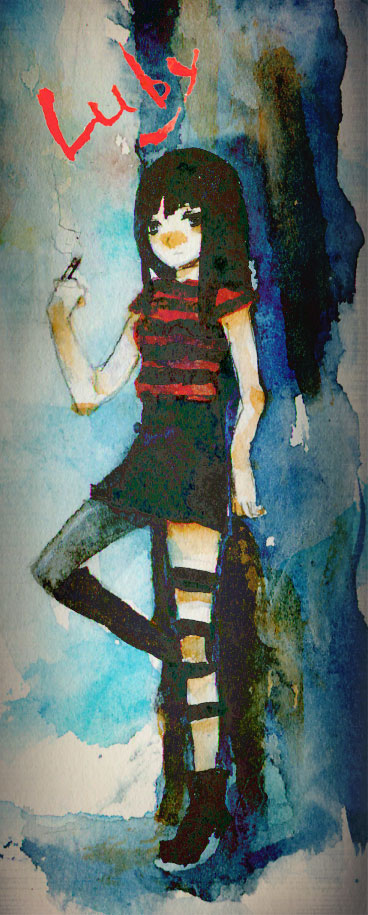 against_tree asymmetrical_legwear black_hair blush character_name cigarette engrish expressionless full_body high_heels kannami_(nkdak) looking_at_viewer pantyhose plant ranguage ruby_(the_path) skirt smoke solo standing standing_on_one_leg striped the_path thigh_strap traditional_media tree watercolor_(medium)