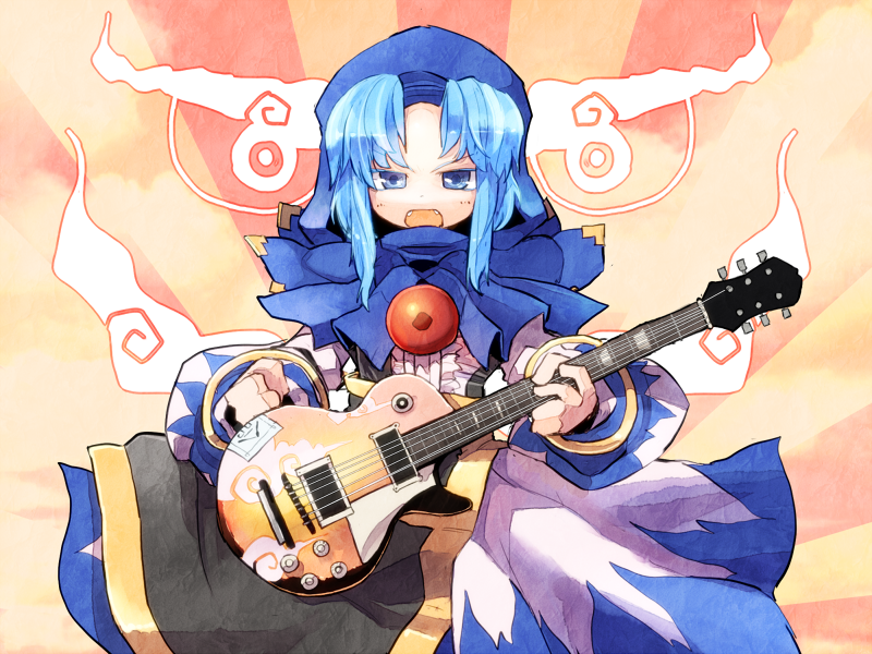 blue_eyes blue_hair citolo dress electric_guitar guitar hood instrument jewelry kesa kumoi_ichirin open_mouth pendant short_hair smile touhou unzan