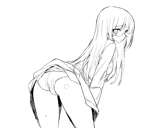 ass blush dakian from_behind glasses greyscale long_hair looking_back military military_uniform monochrome no_legwear panties perrine_h_clostermann solo strike_witches underwear uniform world_witches_series