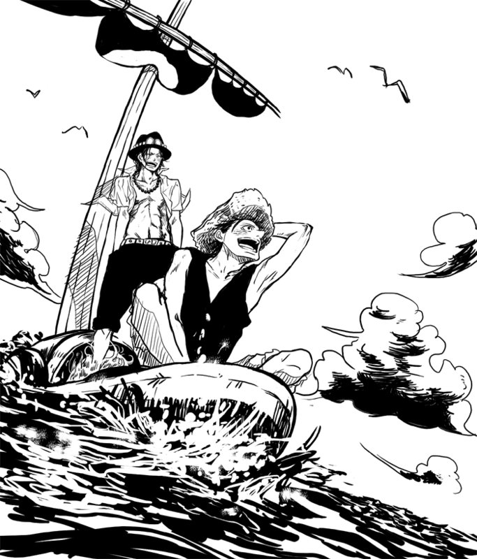 2boys abs belt bird birds boat brother brothers cloud clouds cowboy_hat freckles hands_in_pockets hat jewelry komatsu_(lyjji) male male_focus monkey_d_luffy monochrome multiple_boys necklace ocean one_piece open_clothes open_shirt pirate portgas_d_ace scar shirt shorts shueisha siblings smile straw_hat vest water