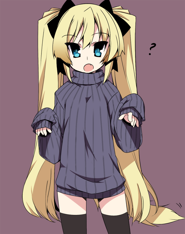 :o ? aqua_eyes blonde_hair bow fang hair_bow hoppege long_hair open_mouth original ribbed_sweater sleeves_past_wrists solo sweater tail thighhighs twintails very_long_hair zettai_ryouiki