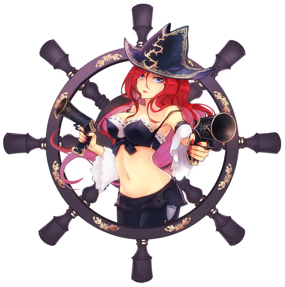 8c aiming bad_id bad_pixiv_id blue_eyes breasts cleavage dual_wielding gun hat holding league_of_legends long_hair medium_breasts midriff navel red_hair sarah_fortune solo steering_wheel weapon