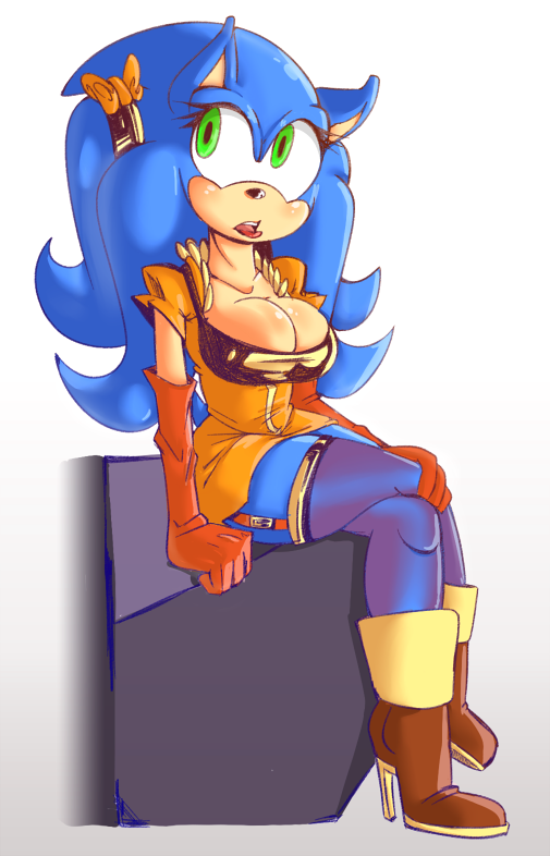 big_breasts blue_hair breasts cleavage clothed clothing crossgender cuisine female green_eyes hair hedgehog long_hair mammal sega sonic_(series) sonic_the_hedgehog