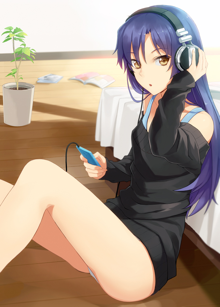 :o bare_legs bare_shoulders blue_hair brown_eyes digital_media_player hand_on_headphones headphones idolmaster idolmaster_(classic) kisaragi_chihaya long_hair md5_mismatch no_pants on_floor panties plant potted_plant prime sitting solo sweater underwear white_panties wooden_floor