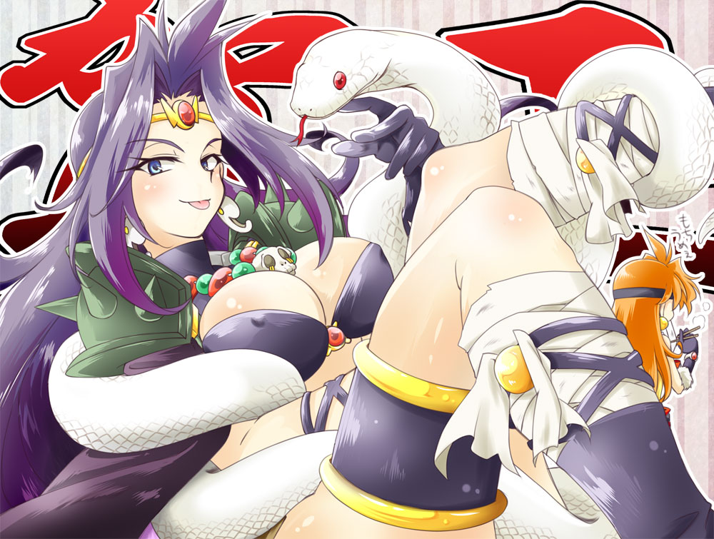 :p ahoge blue_eyes boots breasts cape circlet cleavage covered_nipples gloves headband jewelry large_breasts leg_garter lina_inverse long_hair multiple_girls naga_the_serpent necklace orange_hair purple_hair revealing_clothes shoulder_pads slayers snake tongue tongue_out yamatoya07