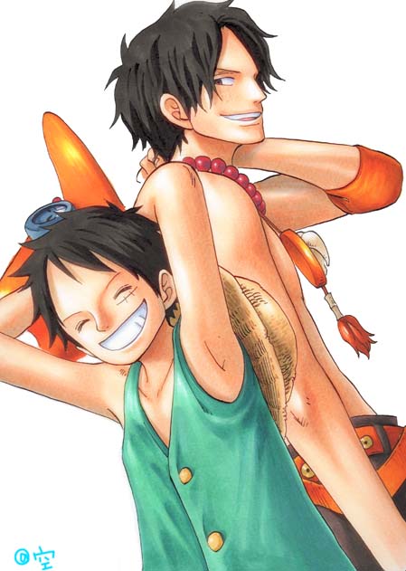 2boys back-to-back back_to_back belt black_hair brother brothers chin_cord cowboy_hat freckles hat hat_removed headwear_removed jewelry kara_(acluf-0156) male male_focus monkey_d_luffy multiple_boys muscle necklace one_piece portgas_d_ace scar shueisha siblings signature smile stampede_string straw_hat teeth vest