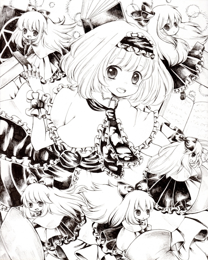 alice_margatroid book bow capelet doll dress frills hair_bow hairband lance long_hair millipen_(medium) monochrome open_mouth polearm ribbon shanghai_doll short_hair smile sword tayunn touhou traditional_media weapon wrist_cuffs