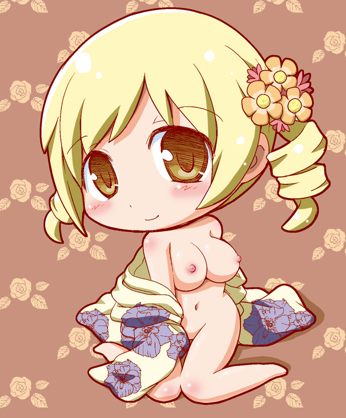 blonde_hair blush breasts chibi drill_hair floral_background flower gerotan hair_flower hair_ornament japanese_clothes kimono large_breasts mahou_shoujo_madoka_magica navel nipples nude sitting smile solo tomoe_mami twin_drills twintails wariza yellow_eyes