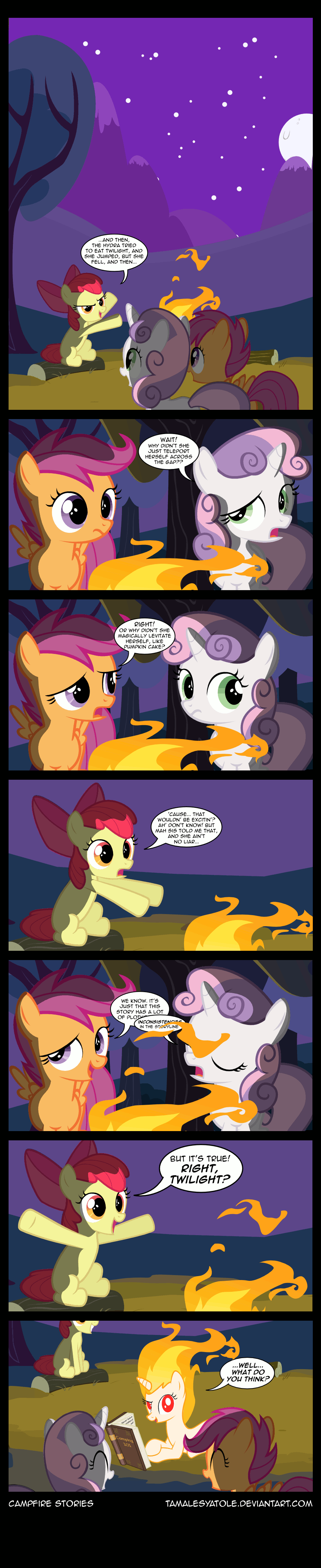 amber_eyes animated apple_bloom_(mlp) book bow comic cub cutie_mark_crusaders_(mlp) dialog dialogue english_text equine female feral fire forest friendship_is_magic green_eyes group hair horn horse lying mammal my_little_pony night outside pegasus pony purple_eyes purple_hair red_eyes red_hair scootaloo_(mlp) stars sweetie_belle_(mlp) tamalesyatole text tree twilight_sparkle_(mlp) two_tone_hair unicorn wings young
