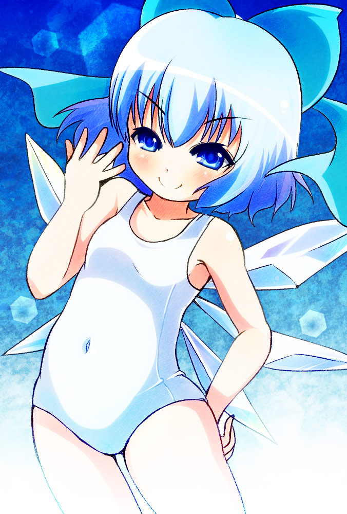 blue_eyes blue_hair bow cirno hair_bow ice ice_wings one-piece_swimsuit school_swimsuit short_hair smile solo swimsuit takamoto_akisa touhou white_school_swimsuit white_swimsuit wings