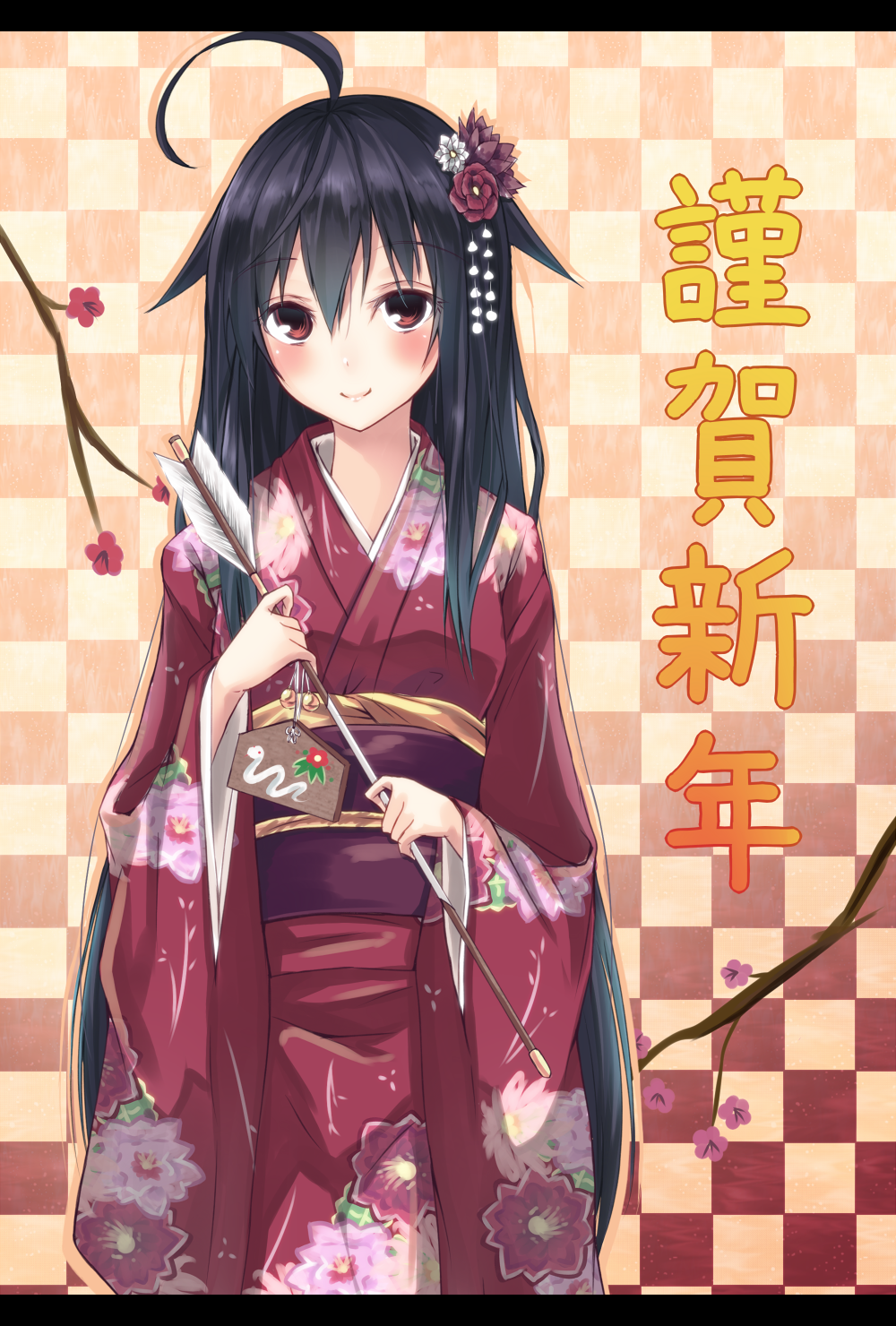 ahoge arrow black_hair blush checkered checkered_background cherry_blossoms ema floral_print flower hair_flower hair_ornament hamaya highres holding japanese_clothes kanzashi kimono letterboxed looking_at_viewer new_year obi original red_eyes sash second_heaven smile snake solo translated tsumami_kanzashi