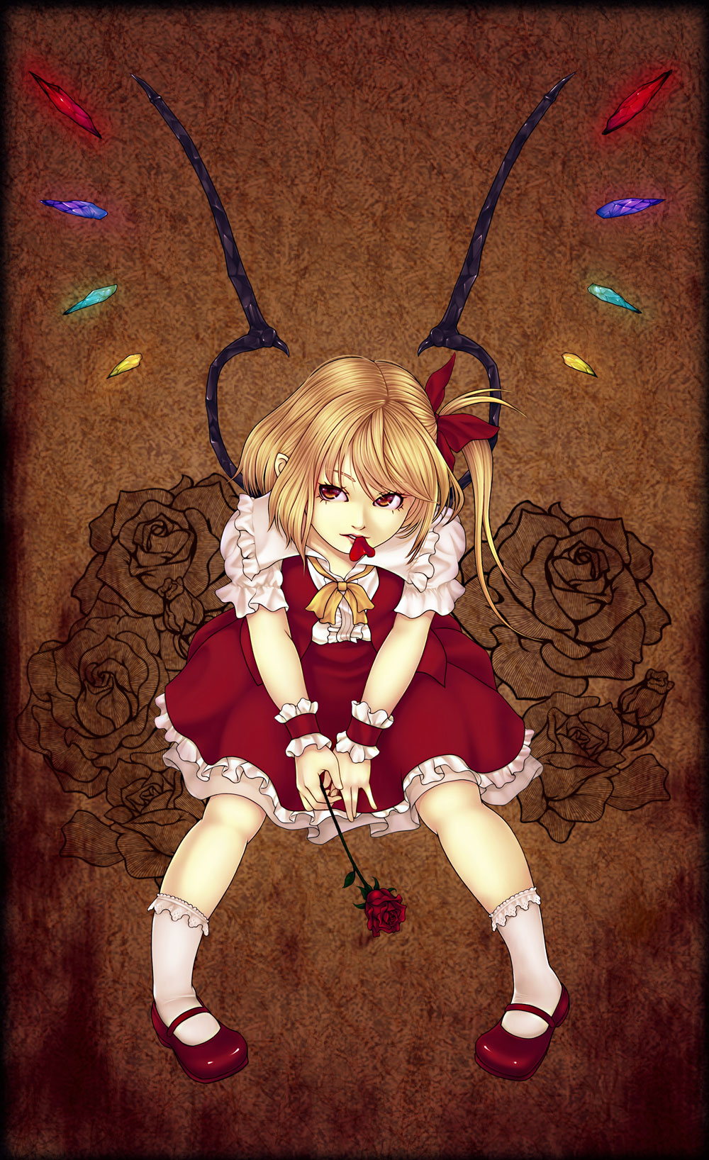 ascot blonde_hair enmatime flandre_scarlet flower highres mary_janes petals red_eyes ribbon rose shoes short_hair side_ponytail sitting skirt smile solo touhou wings wrist_cuffs