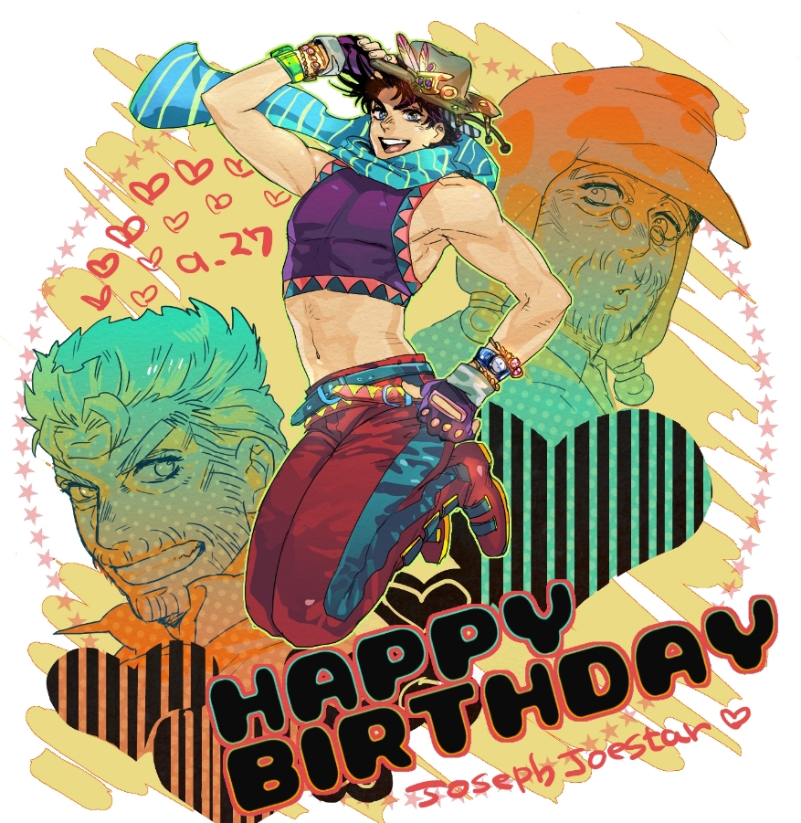 abs bad_id bad_pixiv_id beanie beard birthday blue_eyes bomber_hat bracelet brown_hair crop_top facial_hair fingerless_gloves glasses gloves hat heart icym jewelry jojo_no_kimyou_na_bouken joseph_joestar_(young) jumping midriff multiple_boys multiple_persona old scarf watch wristwatch younger