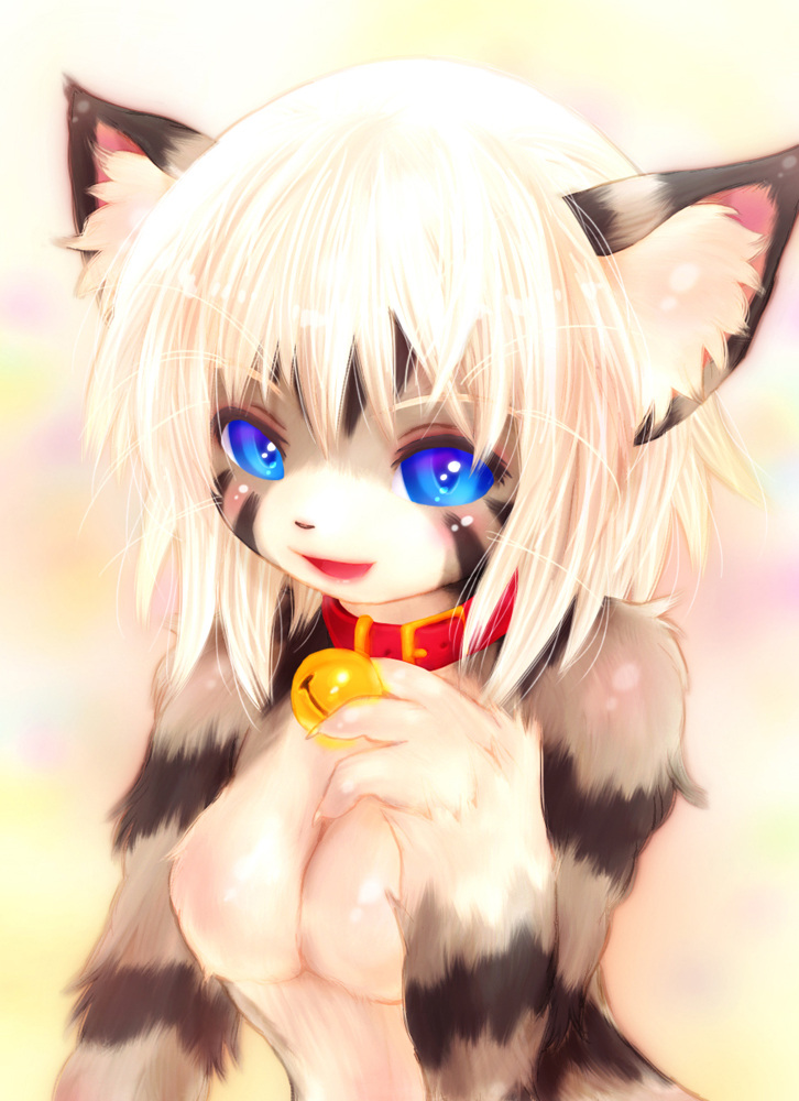 2014 anthro bell bell_collar blue_eyes breasts cat collar featureless_breasts feline female hair half_portrait karin looking_at_viewer mammal nude open_mouth simple_background smile solo tetetor-oort white_hair
