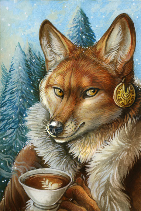 ambiguous_gender anthro canine coat drink ear_piercing fox hot_chocolate mammal outside piercing rukis snow solo winter