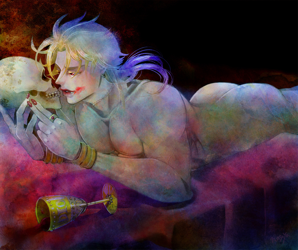 alcohol blonde_hair blood blood_on_face blue_hair bracelet dio_brando goblet gradient_hair jewelry jojo_no_kimyou_na_bouken male_focus multicolored_hair nail_polish nasoya nude on_bed red_eyes skull solo spill wine
