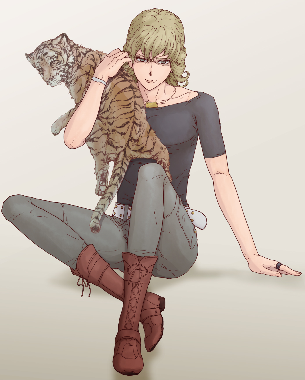 bad_id bad_pixiv_id barnaby_brooks_jr blonde_hair boots glasses green_eyes highres jewelry male_focus ra-m ring solo tiger tiger_&amp;_bunny