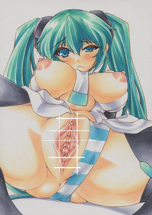 anus aqua_eyes aqua_hair bad_id bad_pixiv_id black_legwear breasts censored cervix clitoris hatsune_miku large_breasts long_hair necktie nipples open_clothes open_shirt panties panties_aside pussy shirt simple_background solo spread_legs spread_pussy striped thighhighs twintails underwear uneven_eyes very_long_hair vocaloid white_background yutakasan-love
