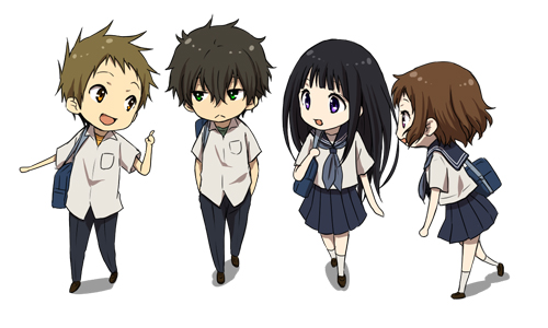 2girls black_hair brown_eyes brown_hair chibi chitanda_eru fukube_satoshi green_eyes hyouka ibara_mayaka long_hair lowres multiple_boys multiple_girls oreki_houtarou pink_eyes purple_eyes rito453 school_uniform serafuku short_hair