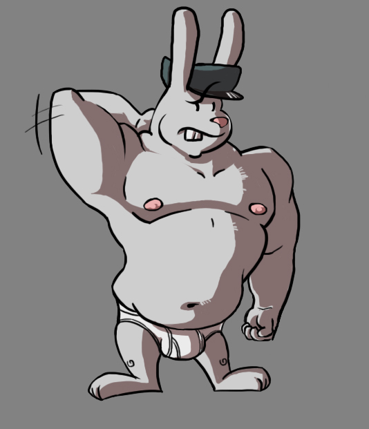 buckteeth bulge chubby confused hat lagomorph male mammal muscles nipples police_officer rabbit solo standing topless underwear wolfyama