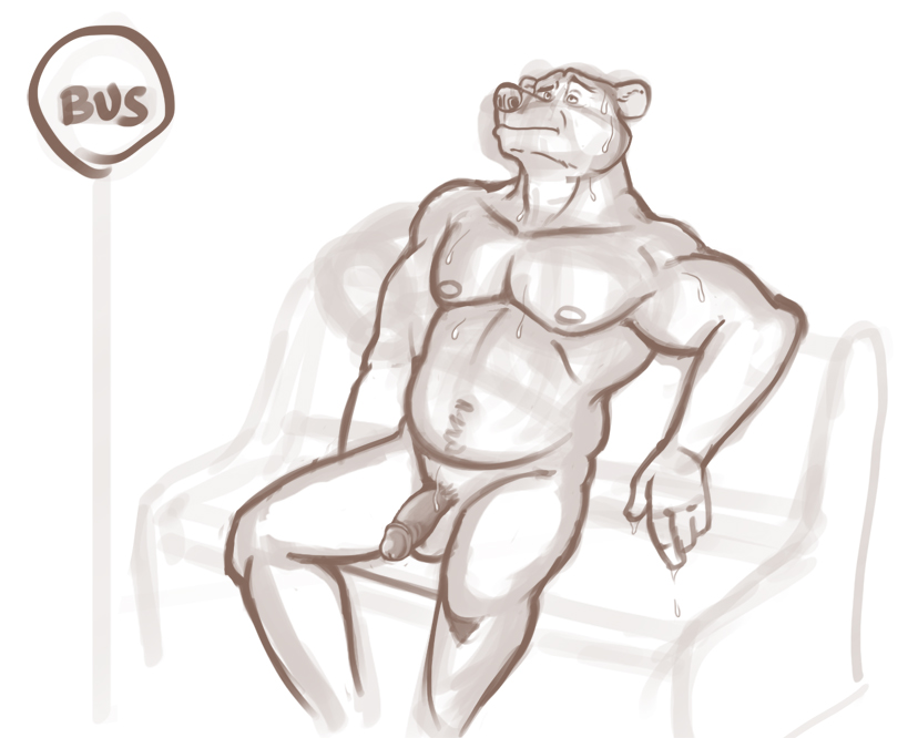 bear bench body_hair bus_stop chubby happy_trail male mammal muscles nude penis sketch solo sweat wolfyama