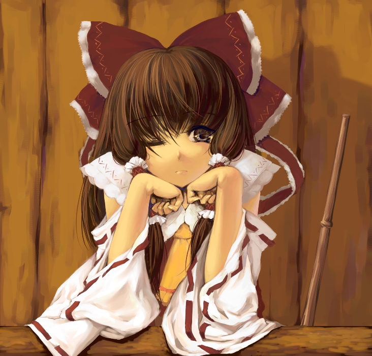 bored brown_eyes brown_hair chin_rest detached_sleeves hakurei_reimu one_eye_closed s.advent solo touhou