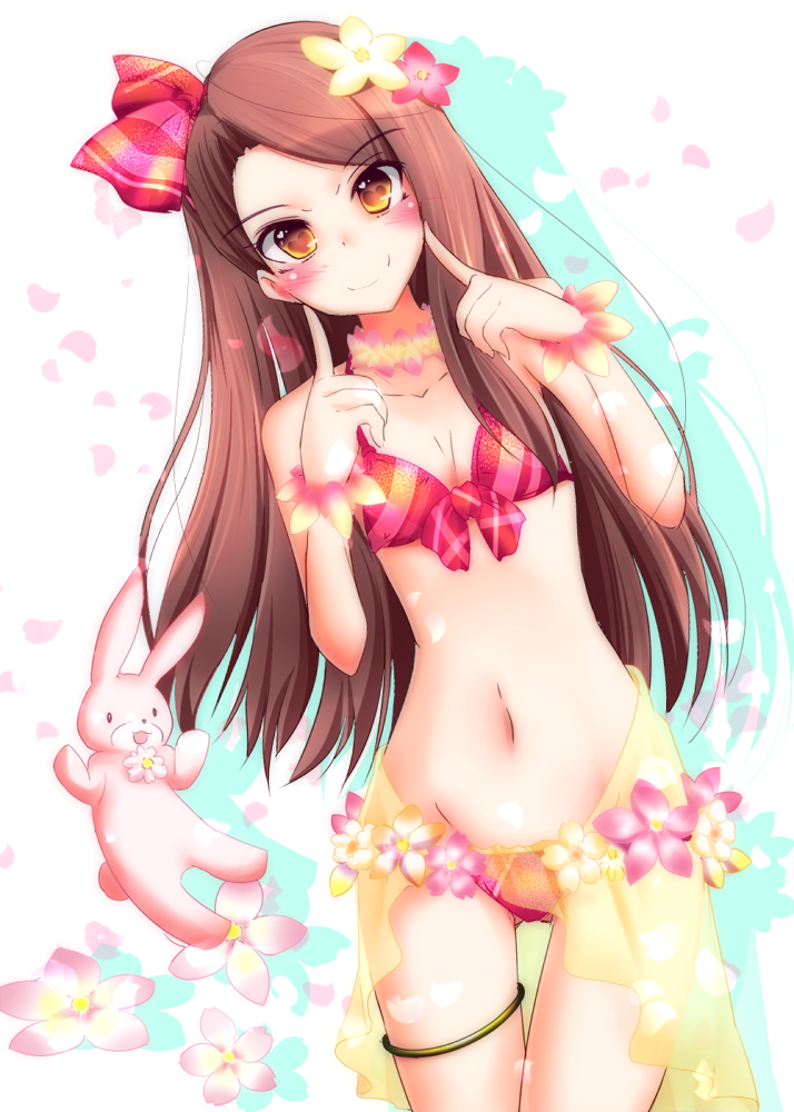 bikini blush breasts brown_eyes brown_hair cleavage finger_to_mouth flower front-tie_top hair_flower hair_ornament hairband heart heart-shaped_pupils idolmaster idolmaster_(classic) long_hair looking_at_viewer minase_iori natsu_(anta_tte_hitoha) navel sarong small_breasts smile solo swimsuit symbol-shaped_pupils thigh_gap translucent_sarong yellow_sarong