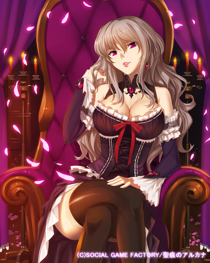 black_legwear breasts candle candlestand chair cleavage crossed_legs detached_sleeves earrings jewelry lace lace-trimmed_thighhighs large_breasts lips long_hair looking_at_viewer official_art red_eyes seikon_no_arcana silver_hair sitting smile solo thighhighs yangsion