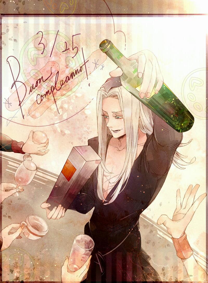 birthday bottle cup drinking_glass grey_hair hands hat jojo_no_kimyou_na_bouken leone_abbacchio long_hair male_focus s-s-eight solo teacup wine_glass