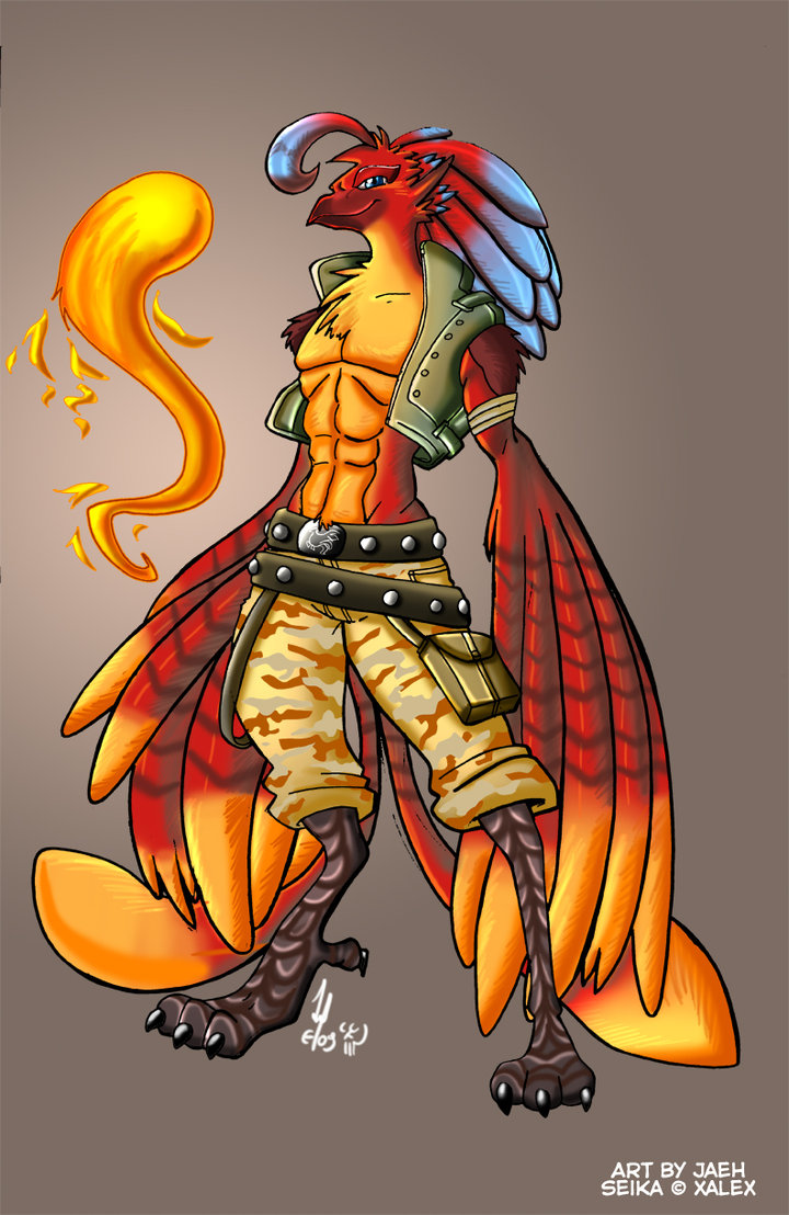 anthro avian bandage bare_chest beak belt biceps blue_eyes chest chest_tuft clothing colored feathers fire fur jaeh looking_at_viewer male muscles open_shirt pecs phoenix plain_background pose shirt shorts solo standing talons topless tuft