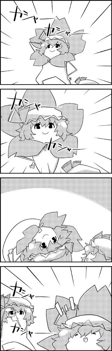 closed_eyes comic flower greyscale hair_flower hair_ornament hat hat_ribbon highres monochrome no_humans open_mouth pose remilia_scarlet ribbon silent_comic smile tani_takeshi touhou translated yukkuri_shiteitte_ne