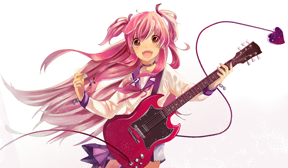 angel_beats! guitar instrument long_hair pink_eyes pink_hair plectrum rokusuke_(lcskeee) school_uniform serafuku shinda_sekai_sensen_uniform tail two_side_up yui_(angel_beats!)